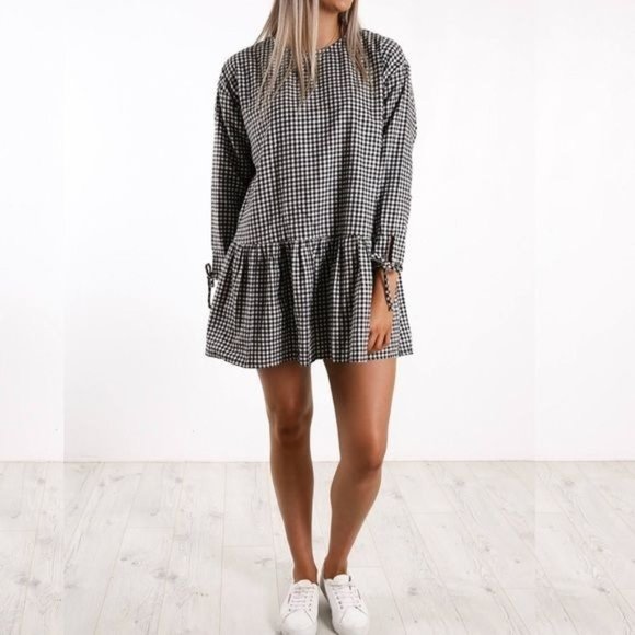 Gingham Black White Check Prairie Drop Waist Long Sleeve Dress Size Large - Picture 1 of 13